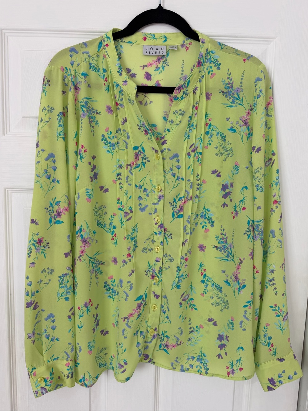 Joan Rivers Lime Green Floral Pintuck Button Up Blouse Top